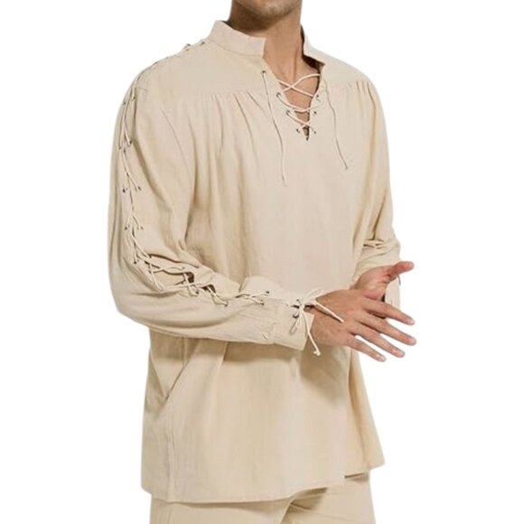 Mens Large Medieval Renaissance Lace-Up Linen Shirt Beige Long Sleeve Pirate - Picture 1 of 12